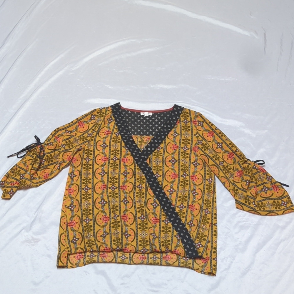 Skylar & Jade Mustard Yellow Bohemian Cinch Sleeve Peasant Cross Front Blouse
